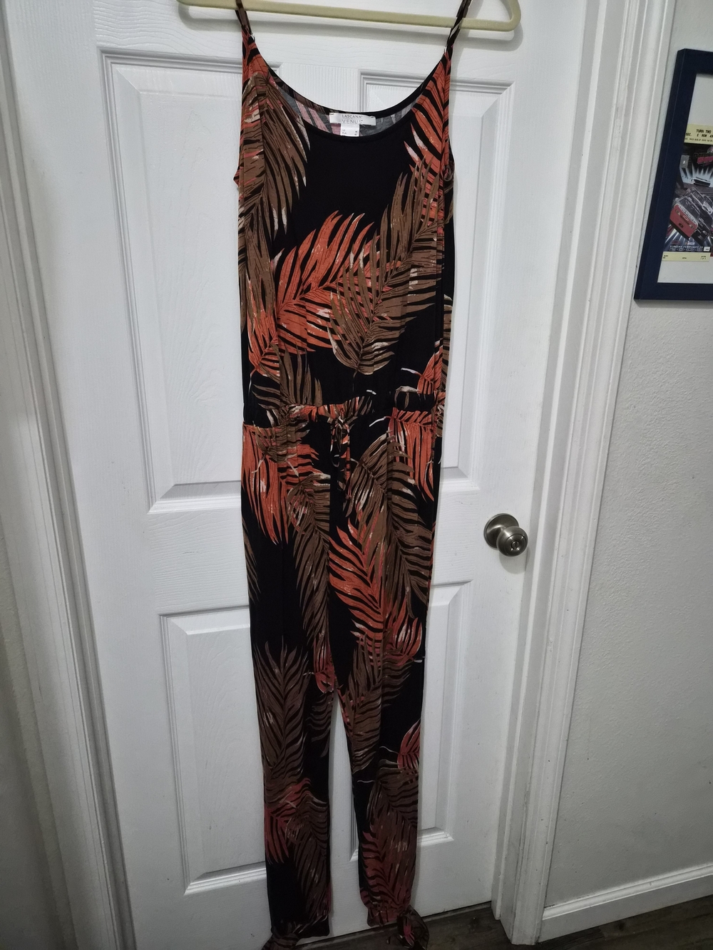 Black Palm-Print Spaghetti-Strap Jumpsuit in Rust and Brown